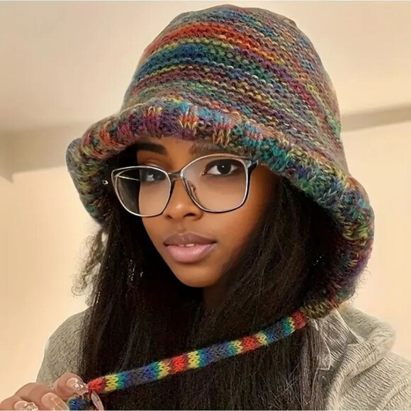 Knit bonnet hat rainbow detached hooded head cover multicolor - Picture 1 of 5